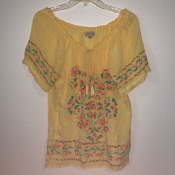 Live and Let Live Floral Boho Blouse Ties Yellow L - Picture 1 of 7